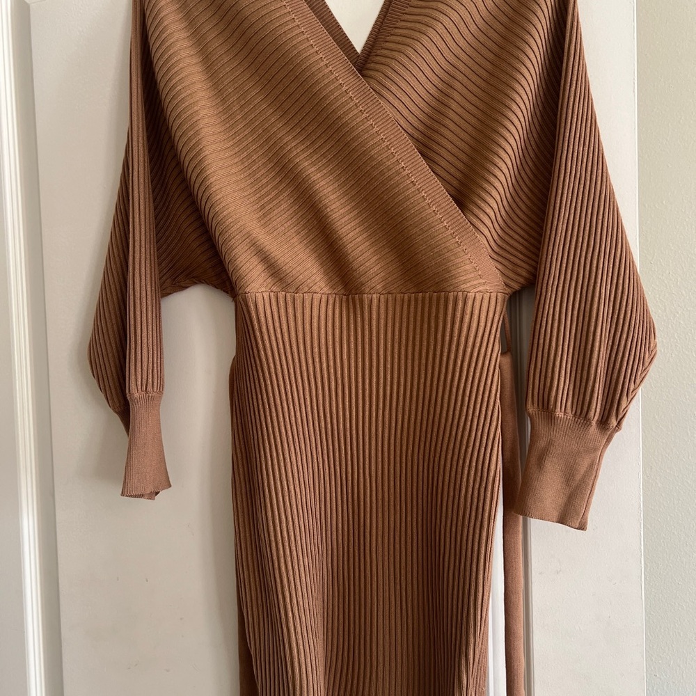 Elegant Brown Ribbed Sweater Dress